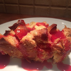 Gooey Mango Bread Pudding with Raspberry Sauce