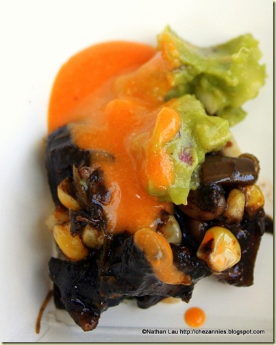 milennium restaurant masa harina huitlacoche roasted corn avocado relish smoked gold tomato and chipotle coulis