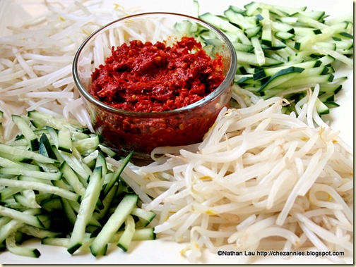 Blanched Bean Sprouts, Julienned Cucumber, Chili Paste for Mum's Homemade Poh Pia