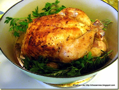 braised chicken in dutch oven with wine, garlic and herbs