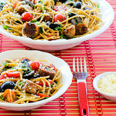 Whole Wheat Spaghetti Salad with Italian Sausage, Tomatoes, Olives, and Basil Vinaigrette