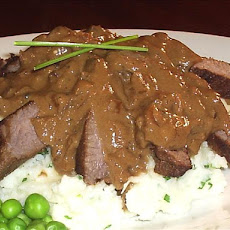 Bourbon, Brown Sugar Flank Steak W/ Garlic-chive Mashed Potatoes