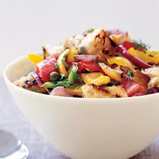 Grilled Panzanella Salad with Bell Peppers, Summer Squash, and Tomatoes