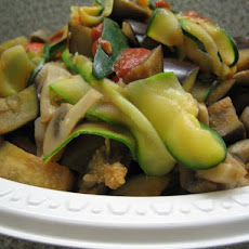 Zucchini Pasta With Mushrooms, Eggplant and Roasted Peppers