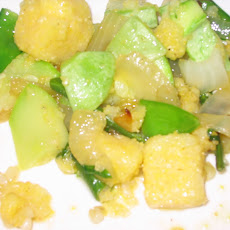 Summer Squash Sautéed with Polenta Chunks and Snow Peas