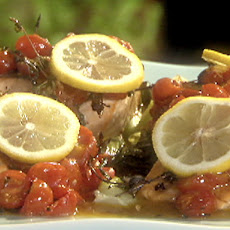 Steamed Baby Bok Choy with Broiled Salmon and a Warm Roasted Tomato and Lemon Vinaigrette