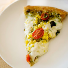 Corn, Pesto, and Tomato Pizza