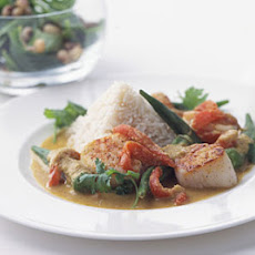 Scallops, Okra, and Tomatoes in Coconut Curry Sauce