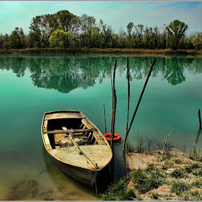 Soca river by Simon Kovacic - Landscapes Waterscapes ( color, isonzo, emerald, green, soca, boat, river )