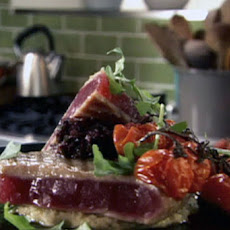 Grilled Tuna with White Bean Puree, Olive Tapenade and Roasted Cherry Tomatoes