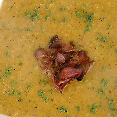 Grilled Tomato and Red Bell Pepper Soup with Grilled Pancetta