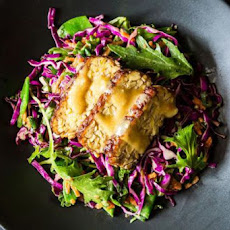 Snow Pea, Cabbage, and Mizuna Salad with Marinated and Seared Tempeh