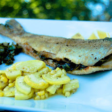 Swiss Chard Stuffed Whole Trout w/ Sauteed Squash & Corn