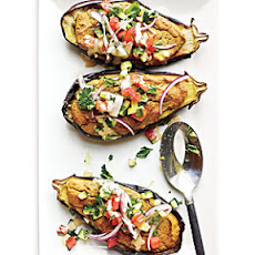Falafel-Stuffed Eggplant with Tahini Sauce and Tomato Relish