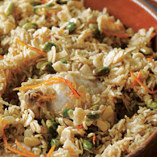 Braised Chicken and Rice with Orange, Saffron, Almond, and Pistachio Syrup