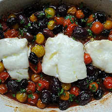 Roast Cod with Little Tomatoes and Assorted Olives