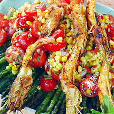 Skewers of Grilled Prawns with a Fresh Corn and Tomato Salad
