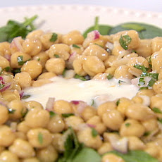 Chickpea and Spinach Salad with Cumin Dressing and Yogurt Sauce