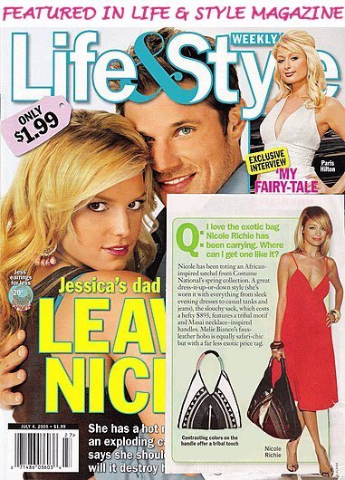 Melie Bianco 's Ethnic Bohemian Tribal Applique hobo handbag presented as an alternative to Nicole Richie's Costume National Tribal tote in a fashion article 