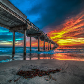 Sky On Fire by Evgeny Yorobe - Landscapes Sunsets & Sunrises ( water, san diego, sunset, pier, ocean )