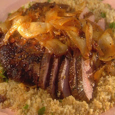 London Broil with Ale au jus and Roasted Onions with Quinoa