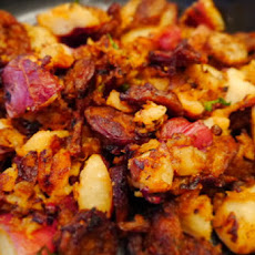 Sausage, caramelized fennel and smashed potato skillet