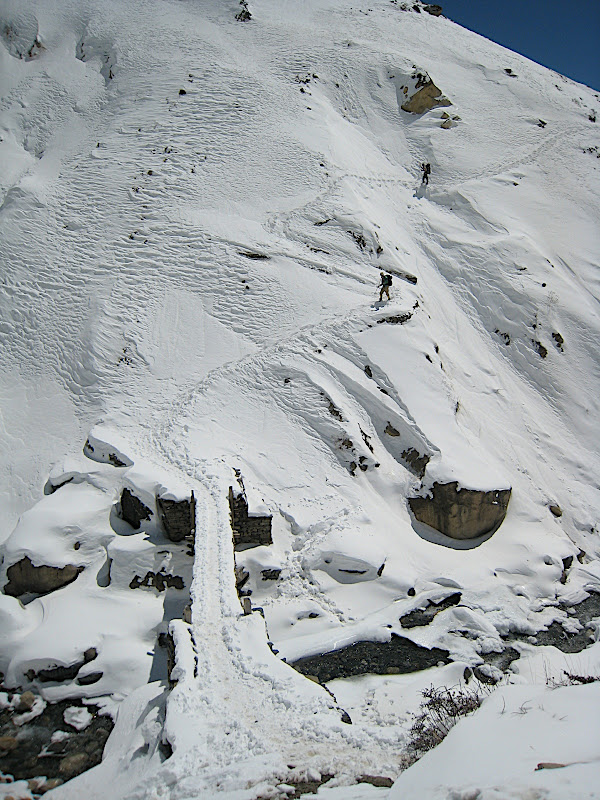 Steep snowy slope above bridge