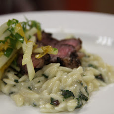 Tea Rubbed Lamb with Taleggio Orzo and Kohlrabi Slaw
