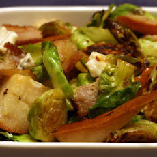 Pan Roased Brussels Sprouts with Bacon, Pears, Gorgonzola and Crispy Pumpkin Seeds