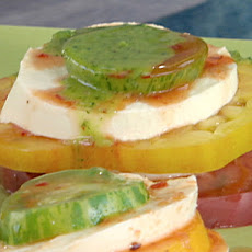 Fresh Mozzarella and Stacked Heirloom Tomato Salad with Green Chile-Cilantro Oil and Chipotle Vinegar