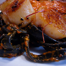 Tagliatelle Nero di Seppia with Roasted Red Pepper Pesto & Scallops