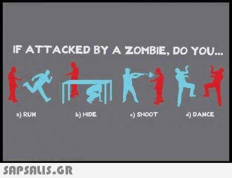 IF ATTACKED BY A ZOMBIE, DO YOU... a) RUN b) HIDE e) SHOOT d) DANCE 