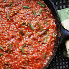 Skillet Ground Lamb with Tomato Sauce, Green Beans, and Couscous