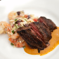Grilled Skirt Steak with Sweet Roasted Tomato Sauce and Roasted Shrimp, Black Bean and Orzo Salad