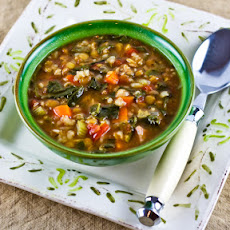 Double Lentil, Sausage, Brown Rice, and Spinach Soup