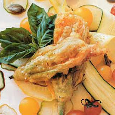 Cheese-Stuffed Squash Blossoms with Shaved Baby Squash and Toasted Pumpkin Seeds