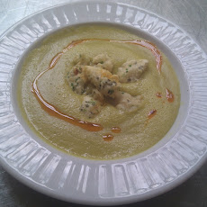 Summer Sweet Corn Bisque with Tempura Blue Crab and Cayenne Oil