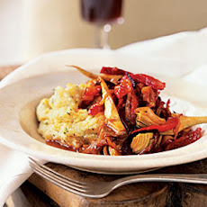 Creamy Polenta with Artichoke, Caramelized Onion, and Olive Ragout
