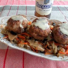 Beer Braised Meatballs and Easy Sauerkraut Served with Mustard Sauce