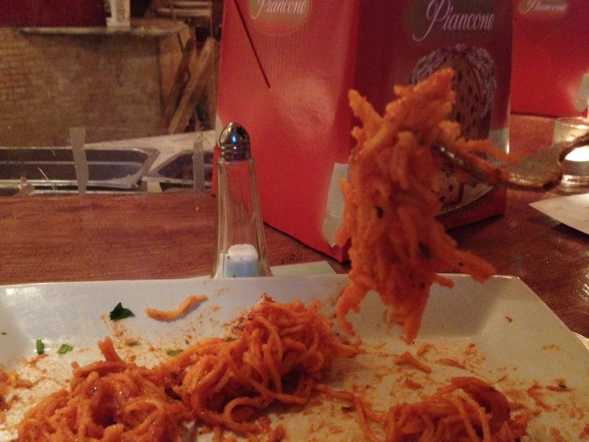 This undercooked clump was the gf pasta they offered when I noticed that the pizza is covered in flo