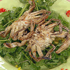 Grilled Soft-Shell Crabs with Watercress, Avocado, and Mango Salad with Grapefruit Vinaigrette