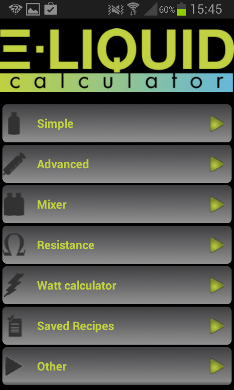 Android application E-Liquid Calculator NOADS screenshort