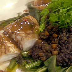 Steamed Cod with Warm Lentils and Wilted Dandelion Greens