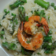 Preserved Lemon and Spring Vegetable Risotto with Grilled Pernod Shrimp