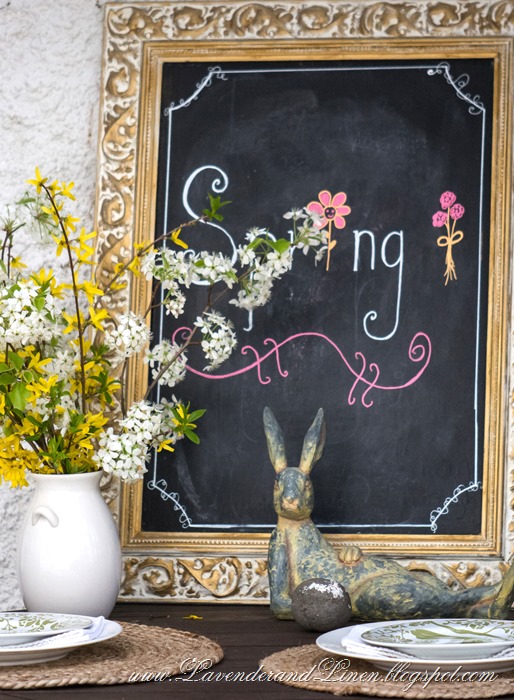 Spring chalkboard in Lavender & Linen's garden