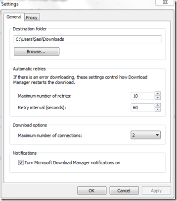 General Settings in Microsoft Download Manager