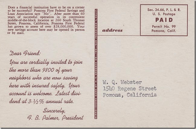 Pomona First Federal Savings and Loan Association - Pomona, California Postcard pg. 2