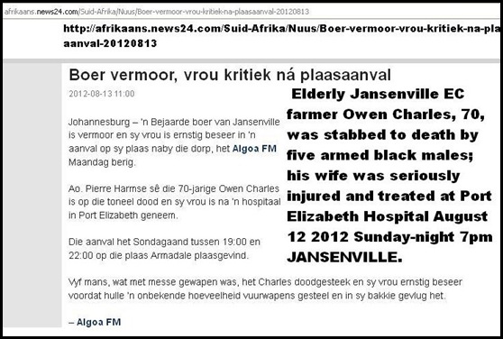 Charles Owen 70 stabbed to death by five black males  wife critical Algoa Park JANSENVILLE Aug 12 2012