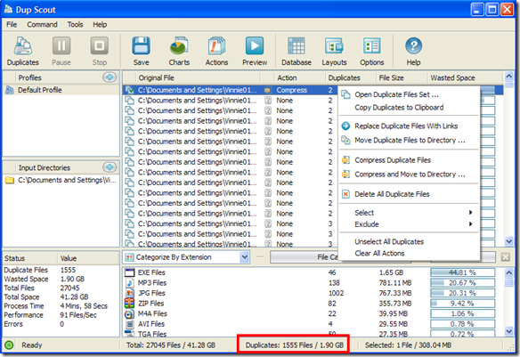 Dup Scout Freeware risultati scansione file duplicati rilevati