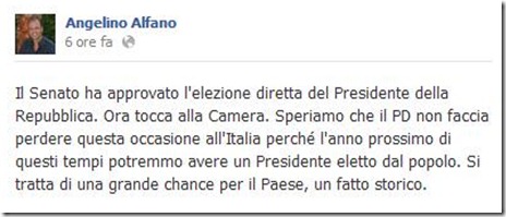 Il commento di Alfano su Facebook